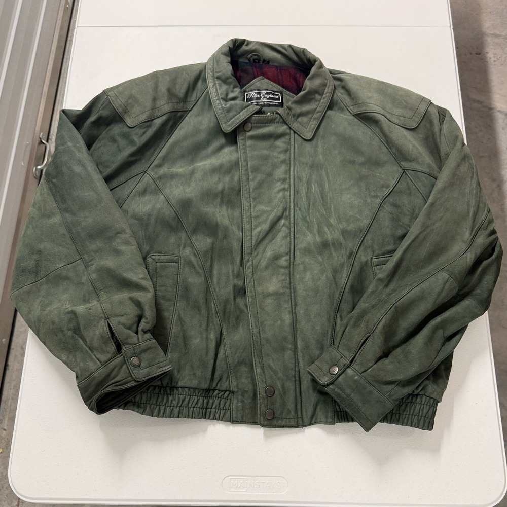 Peter England Leather Bomber Jacket Mens XL Green Excellent Flannel Lined Zip